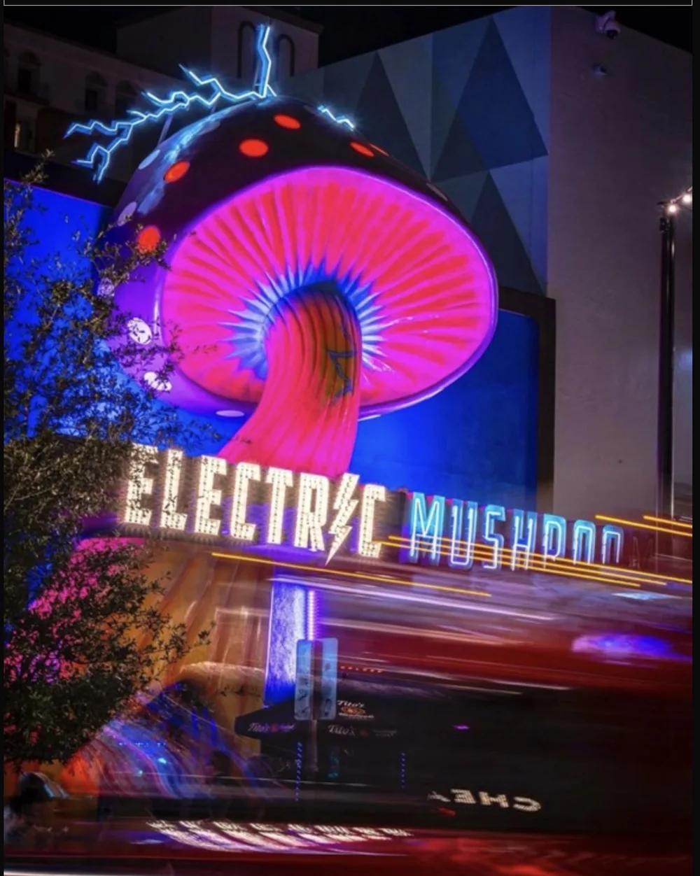 Electric Mushroom’s illuminated exterior on Fremont Street in Downtown Las Vegas